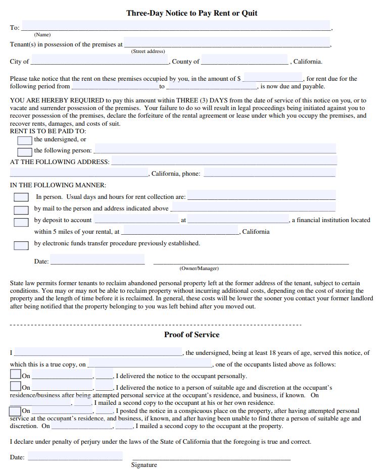 California 3 Day Notice to Pay Rent or Quit Form