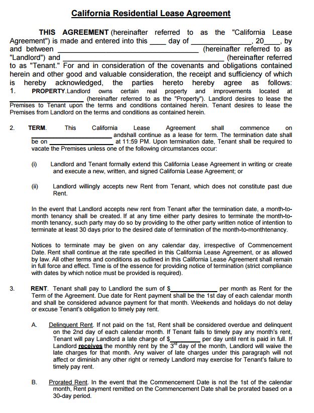 California Residential Lease Agreement Form