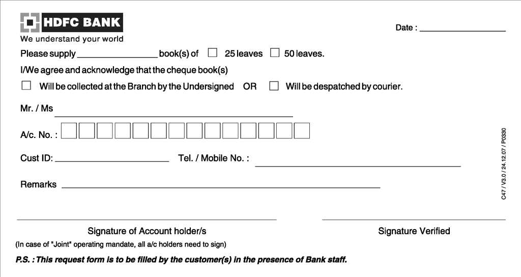 HDFC India Cheque Book Request Form