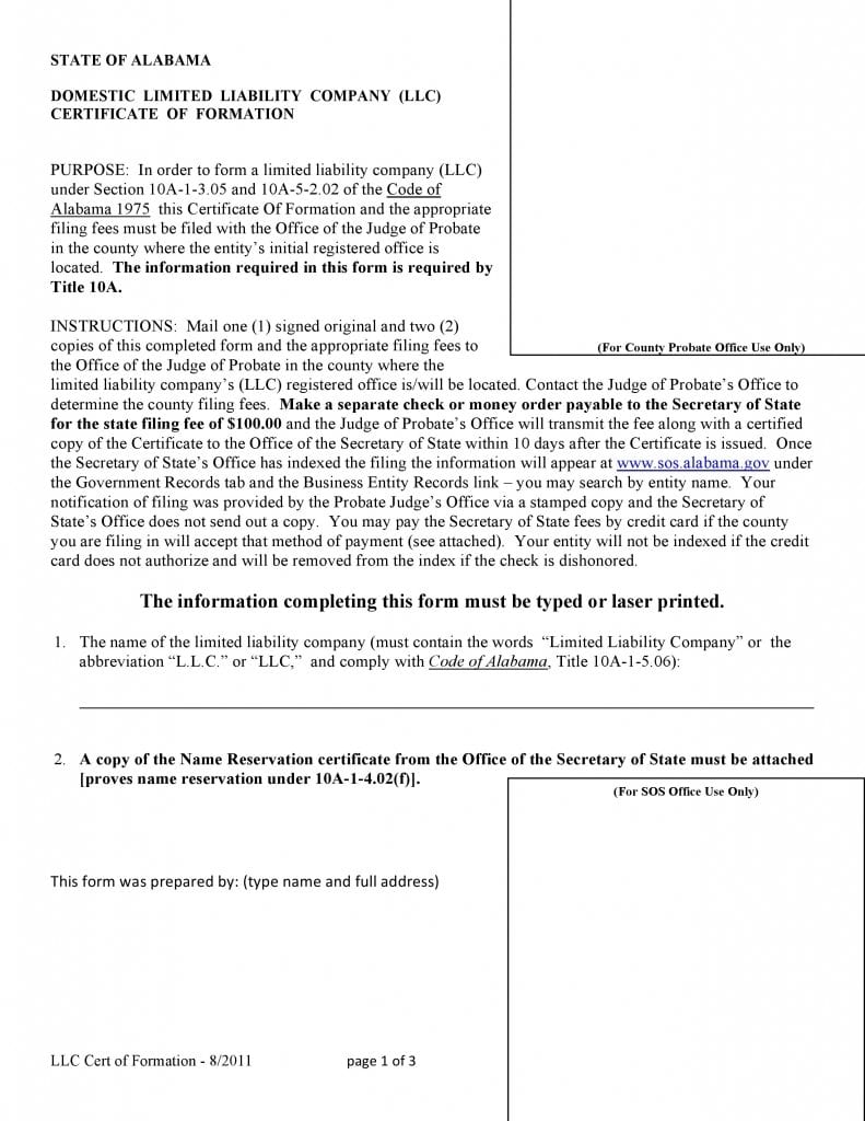 Alabama Domestic LLC Certificate of Formation Form