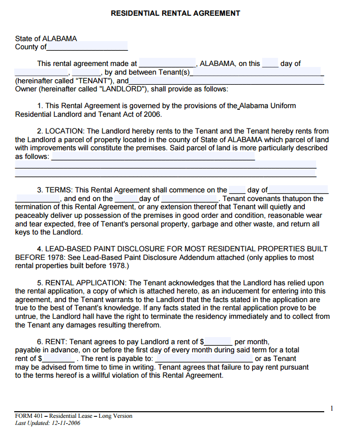 Alabama Month to Month Rental Agreement Form