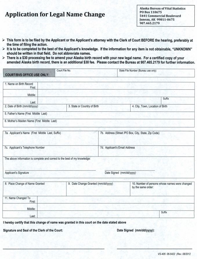 Alaska Application for Name Change Form