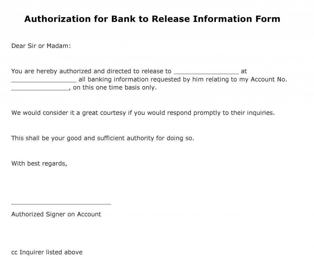 Authorization for Bank to Release Information Form