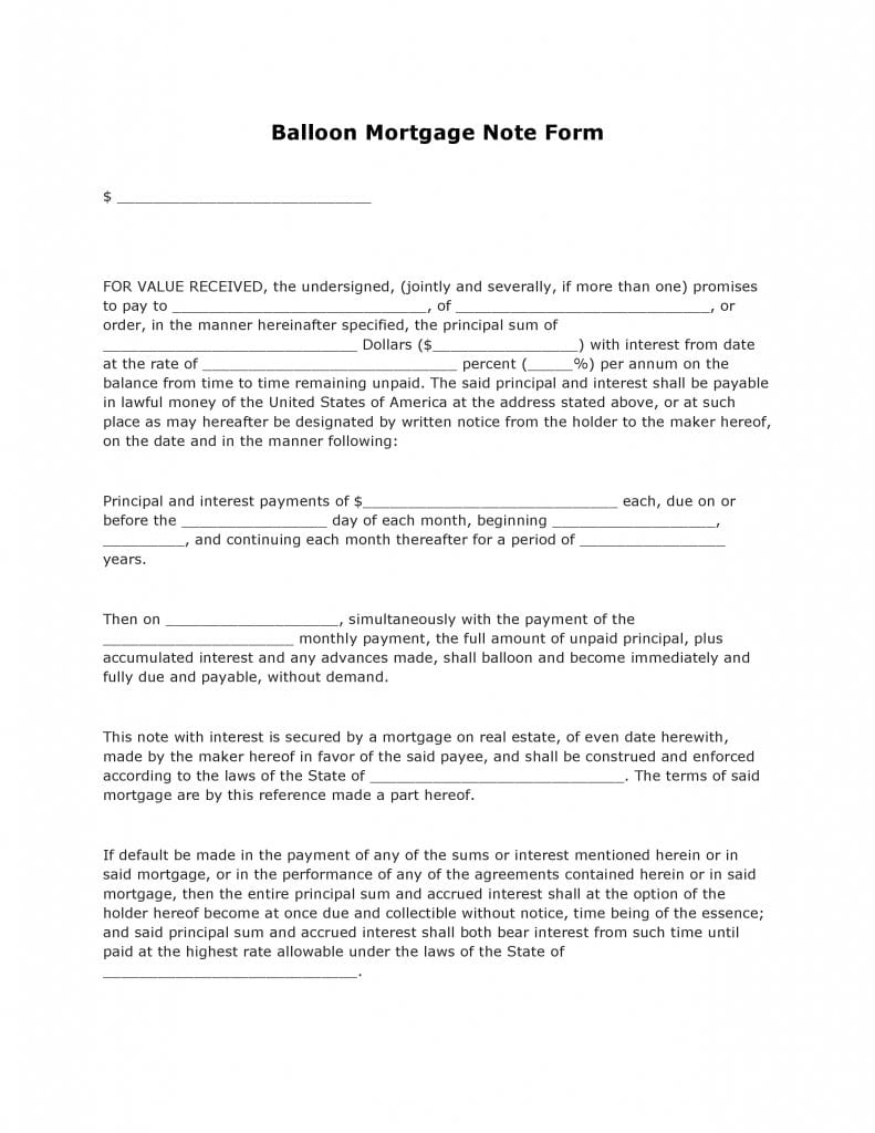 Balloon Mortgage Note Form