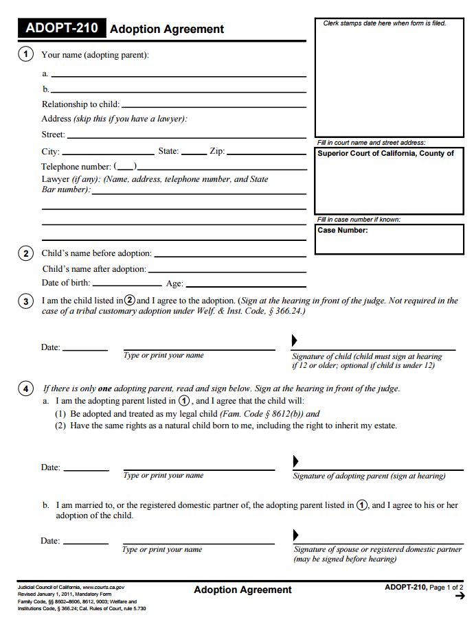 California Adopt 210 Adoption Agreement Form