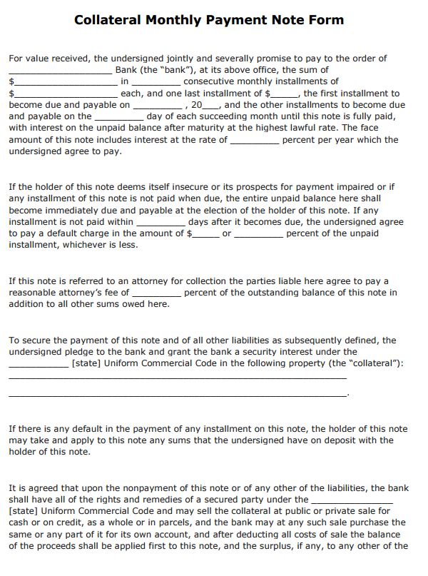 Collateral Monthly Payment Note Form