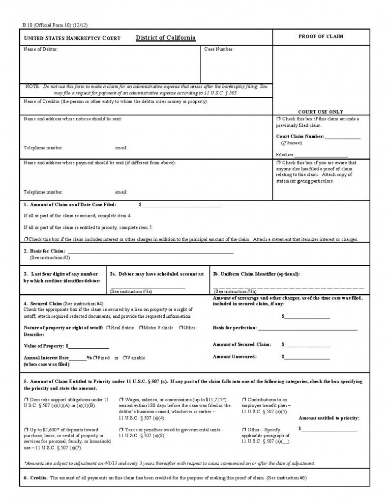 District of California Bankruptcy Proof of Claim Form