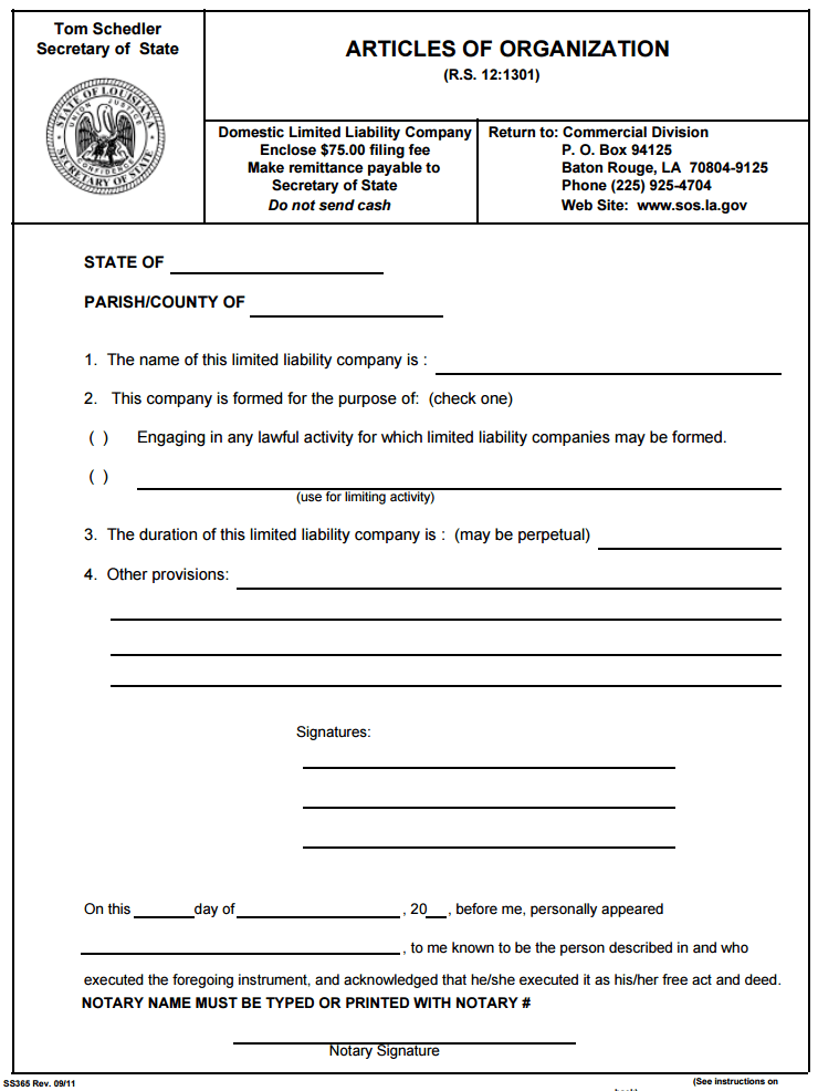 Free Louisiana (LLC) Limited Liability Company Form PDF Template