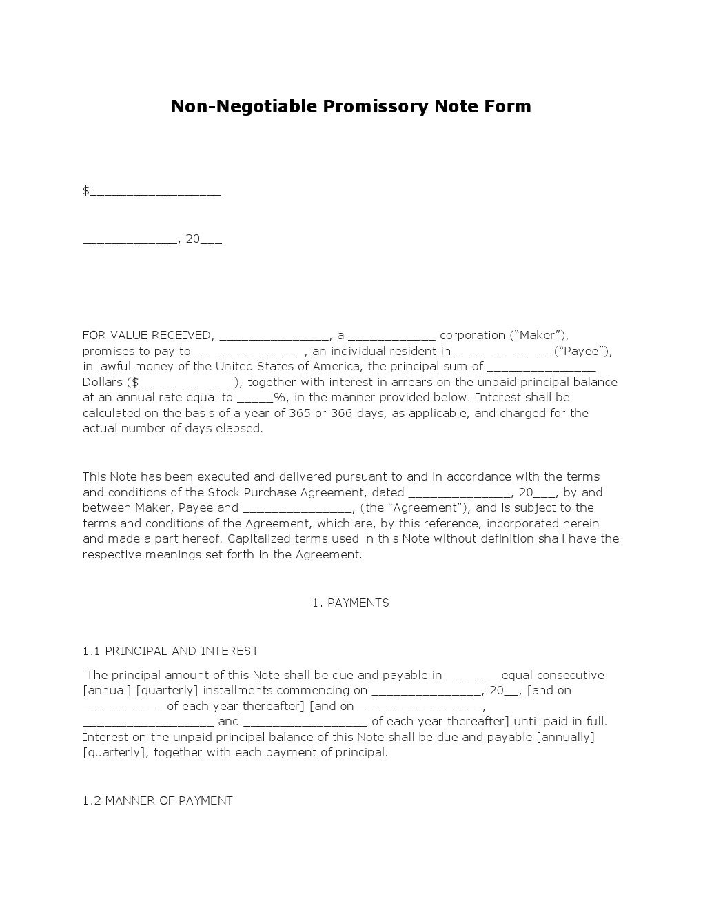 Non Negotiable Promissory Note Form
