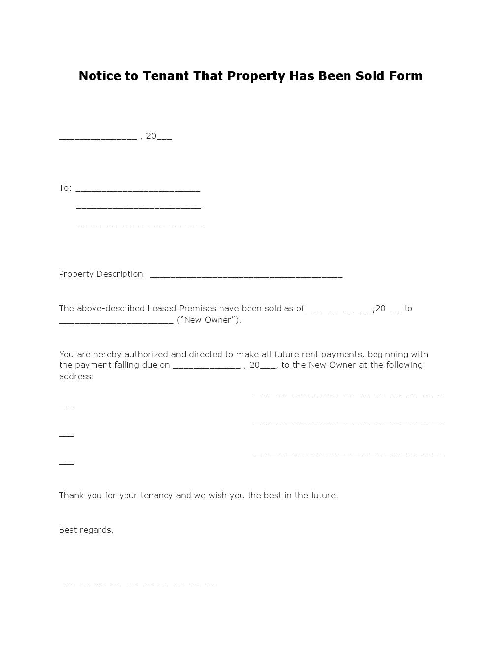 Notice to Tenant That Property Has Been Sold