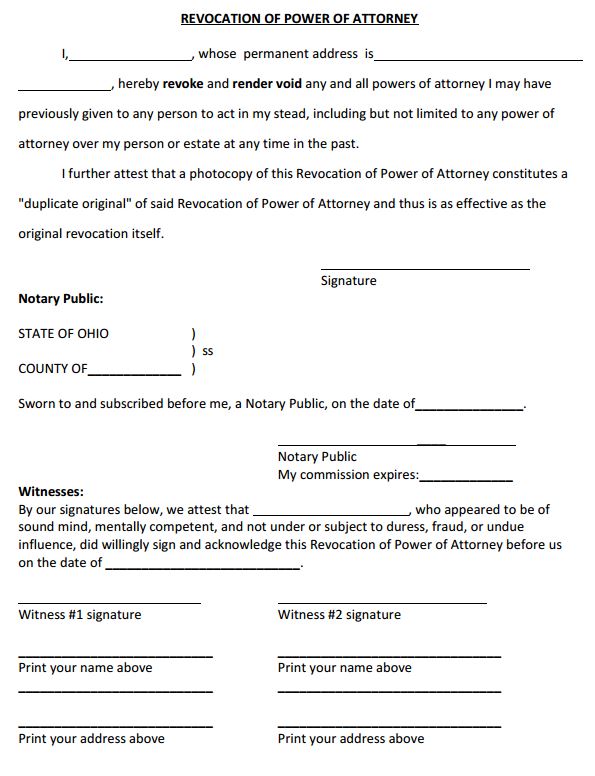 Ohio Power of Attorney Revocation Form