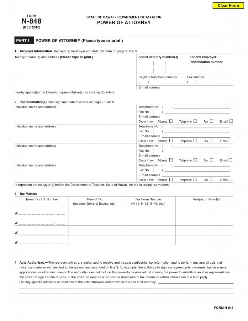 Hawaii Tax Power of Attorney Form