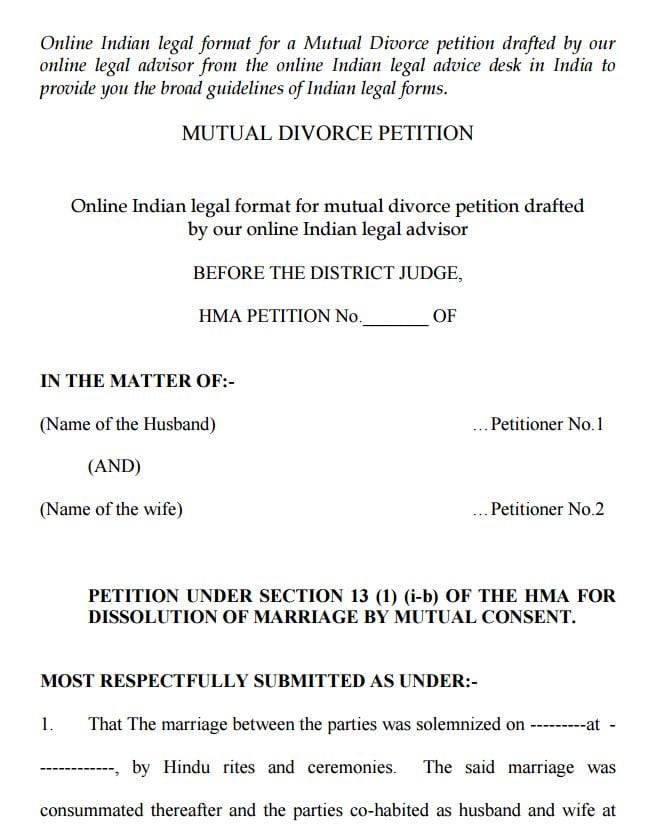 India Mutual Divorce Petition Form