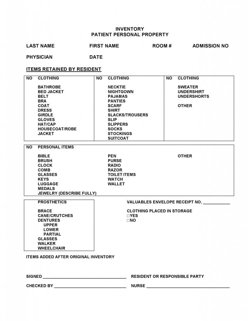 Inventory Patient Personal Property Form