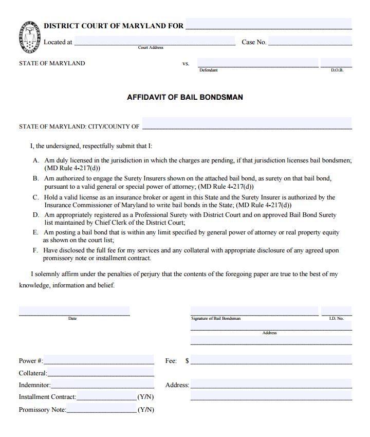 Maryland Affidavit Bail Bondsman Form