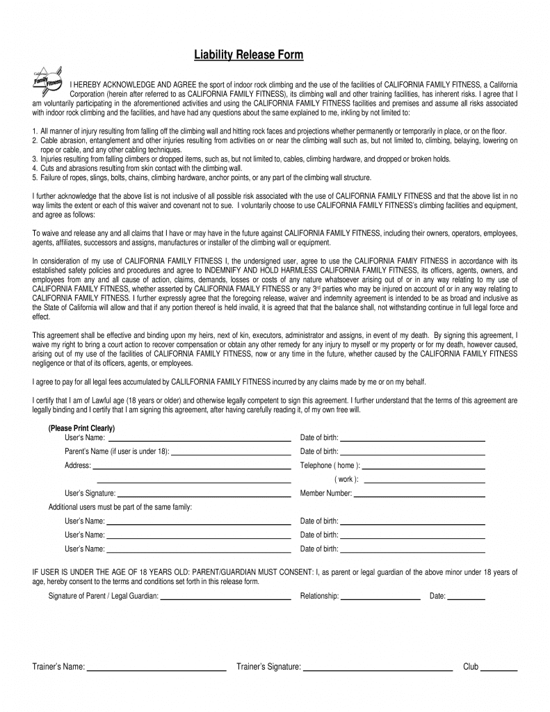 California Family Fitness Liability Release Form 