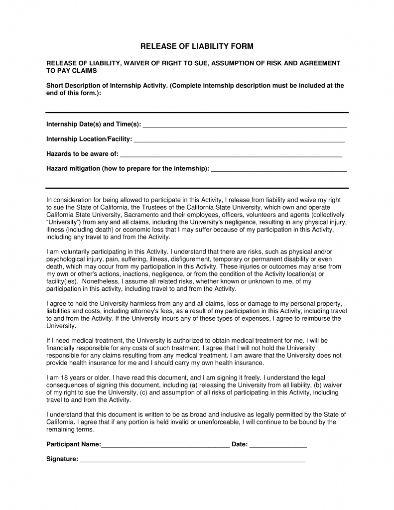 California Liability Release Form