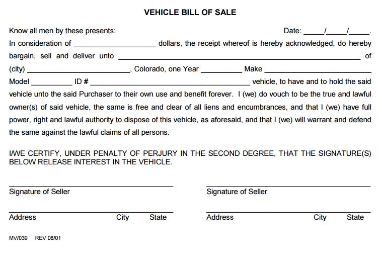 Colorado Vehicle Bill of Sale Form