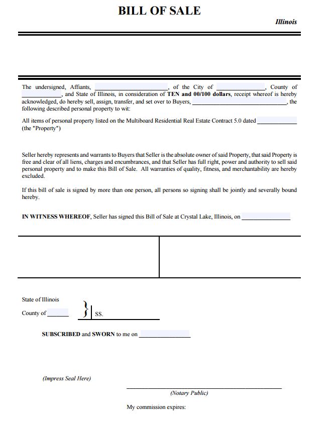 Illinois Personal Property Bill of Sale Form