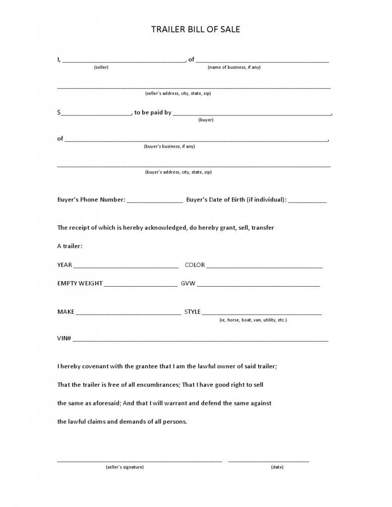 Maine Trailer Bill of Sale Form