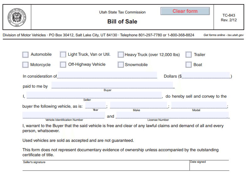 Uttah Bill of Sale Form