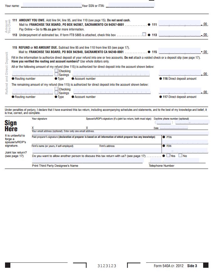 California Income Tax Return Form 540 (Page 3 of 3)