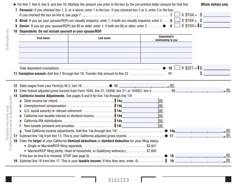 California Income Tax Return Step 2