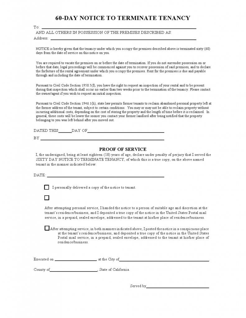 California 60 Day Notice to Vacate Form (as of 2013)
