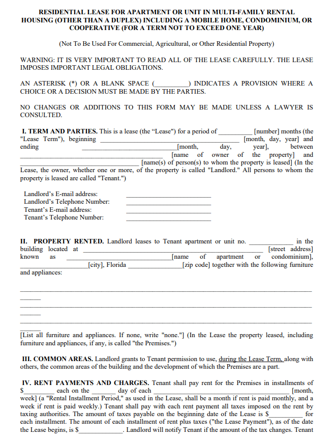 Florida Residential Lease Agreement (Multi-Family)