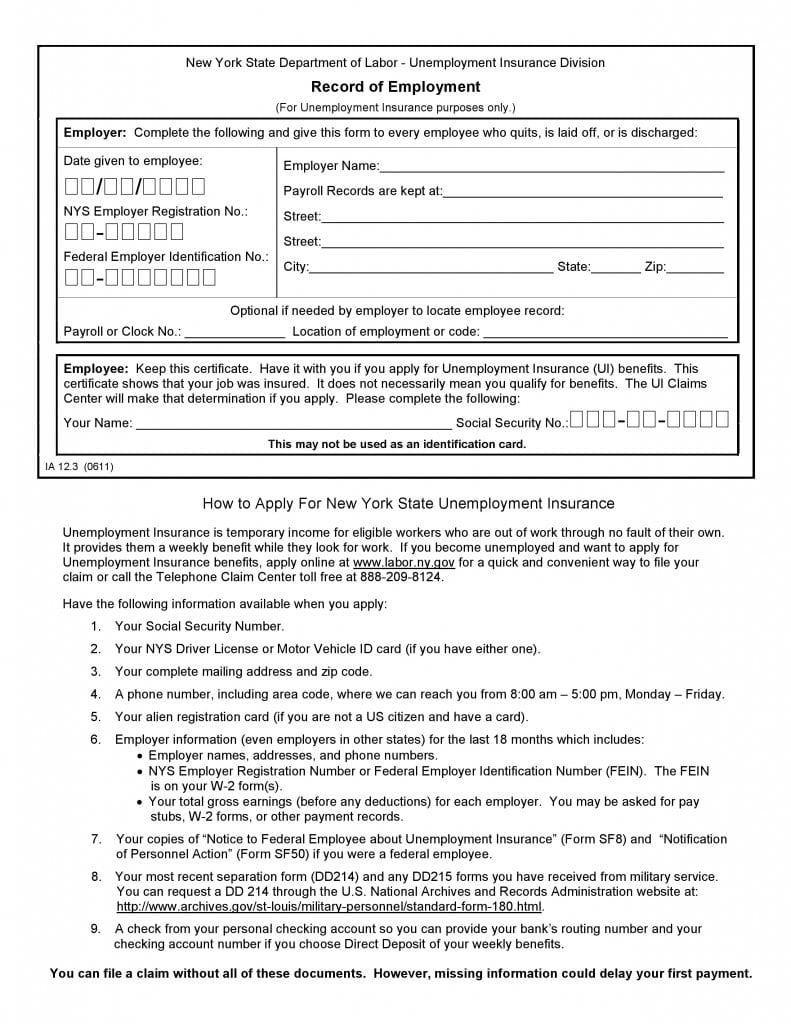 New York Record of Employment IA12.3