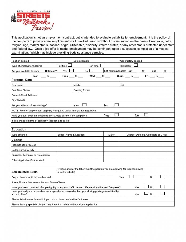 Streets of New York Job Application Form