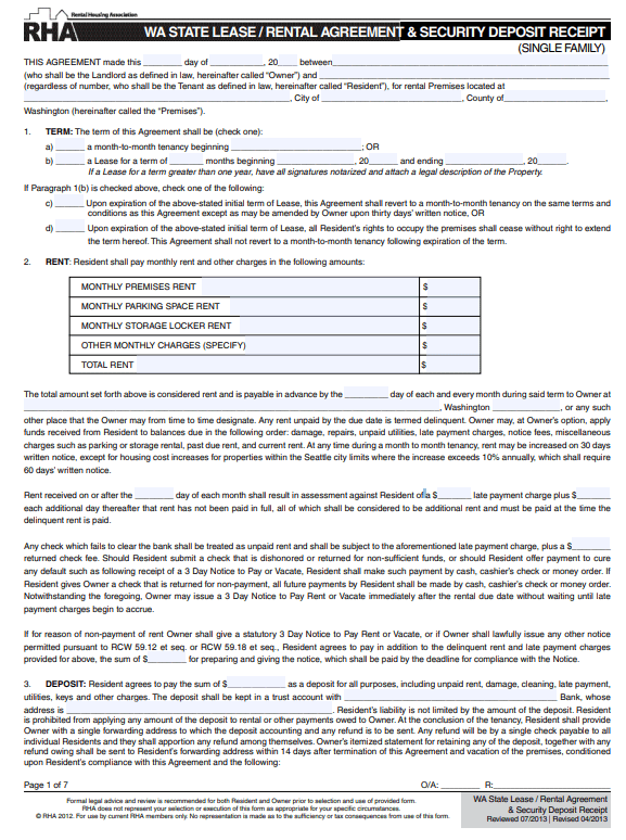 Washington Month to Month Rental Lease Agreement