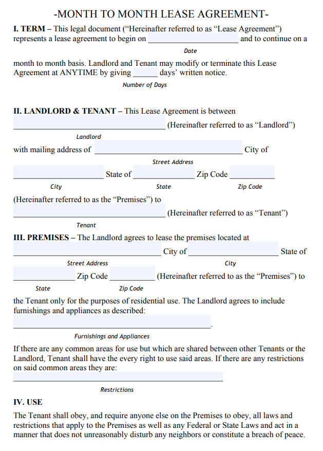 Alaska Month to Month Rental Agreement