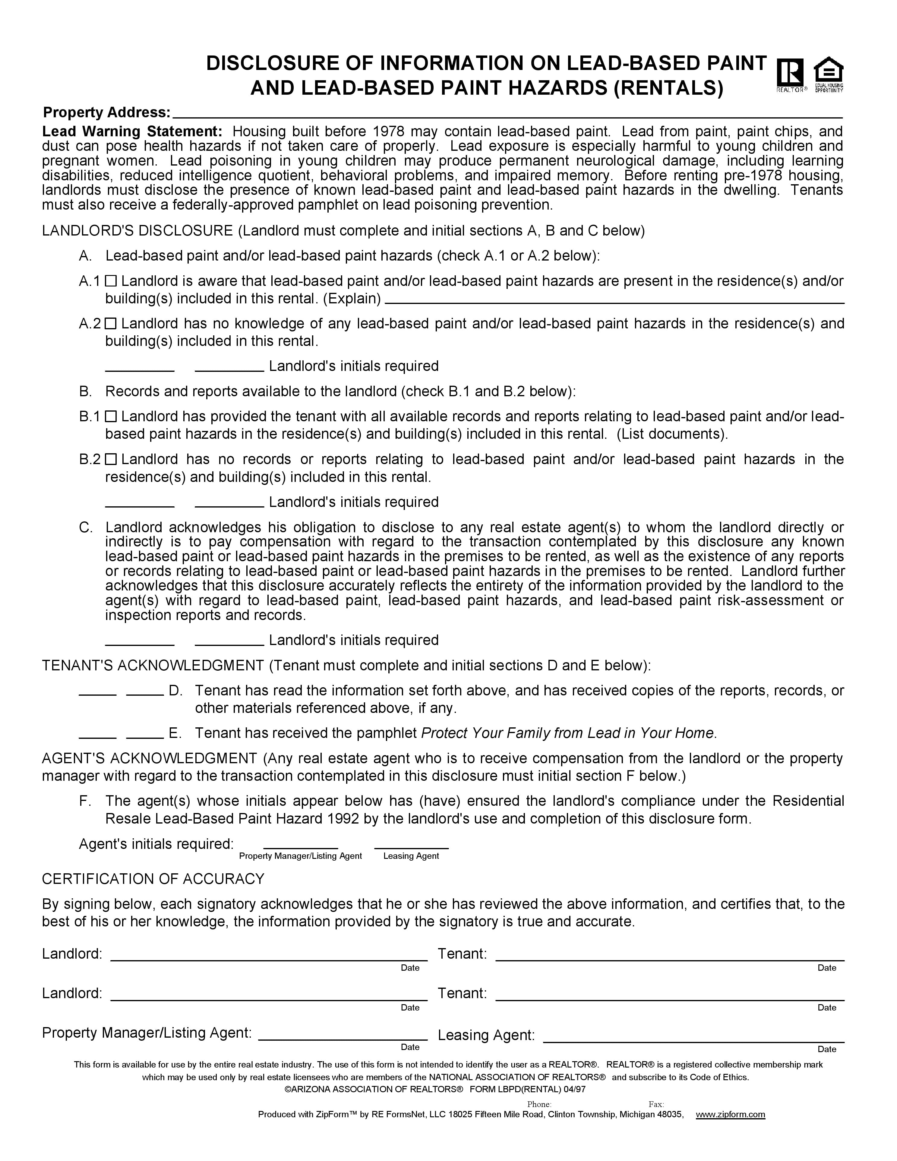 Arizona Lead Based Paint Disclosure Form