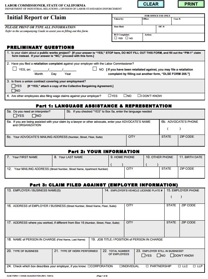 California Labor Commission Initial Report (DLSE Form 1)