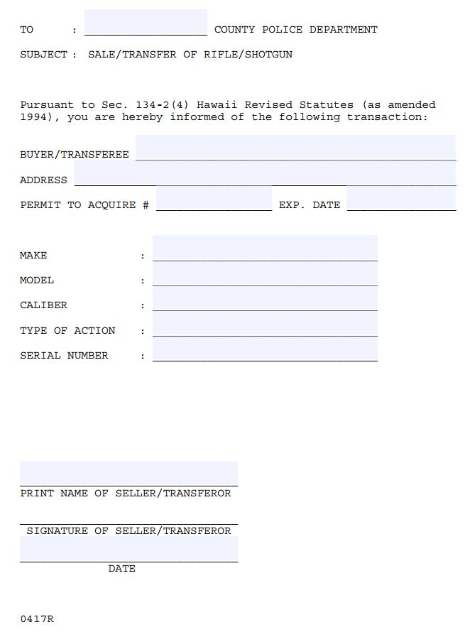 Hawaii Gun Sale or Transfer Notice