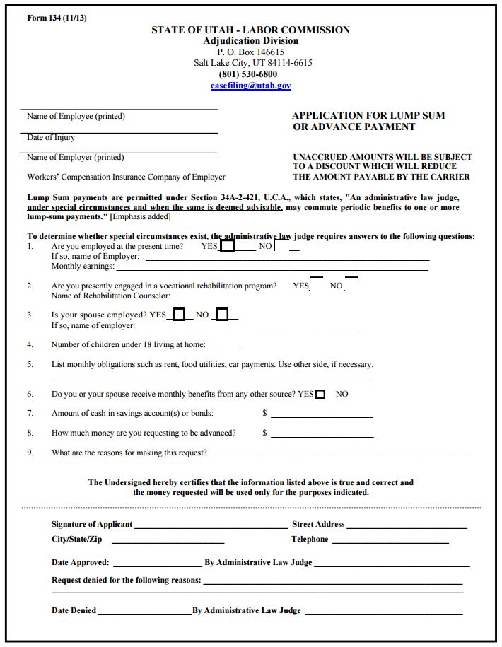 Utah Application for Lump Sum or Advance Payment (Form 134)
