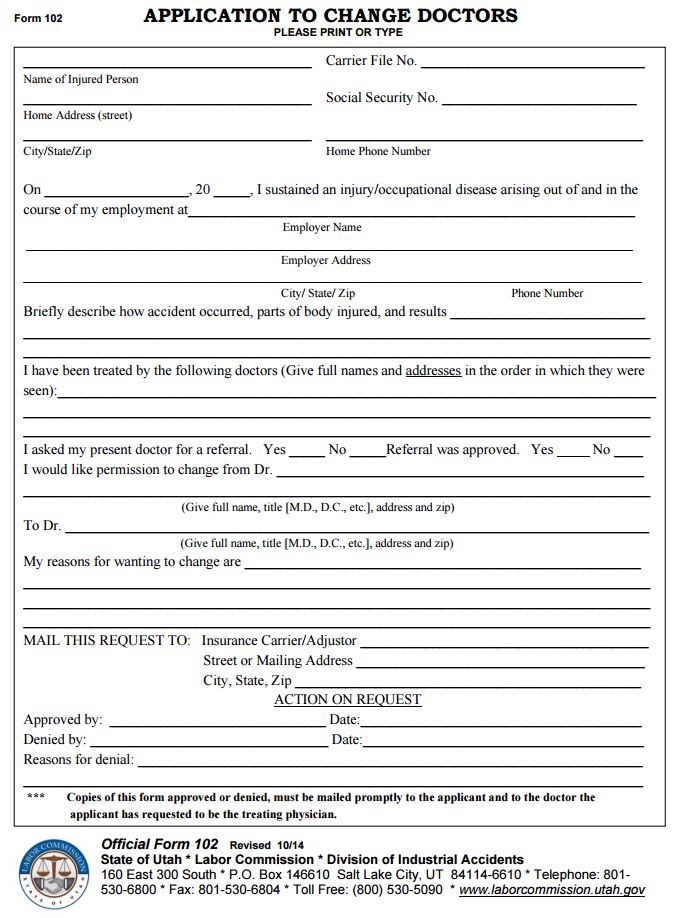 Utah Application to Change Doctors (Form 102)