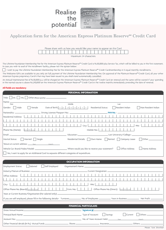 American Express Platinum Credit Card Application