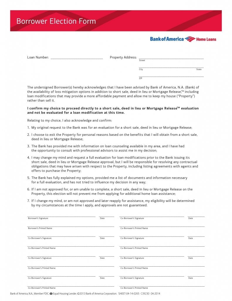 Bank of America Borrower Election Form