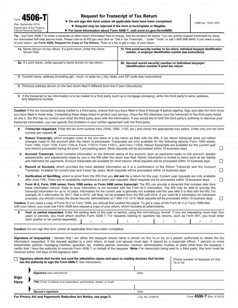 Free Request for Transcript of Tax Return 4506-T - PDF Template - Form ...