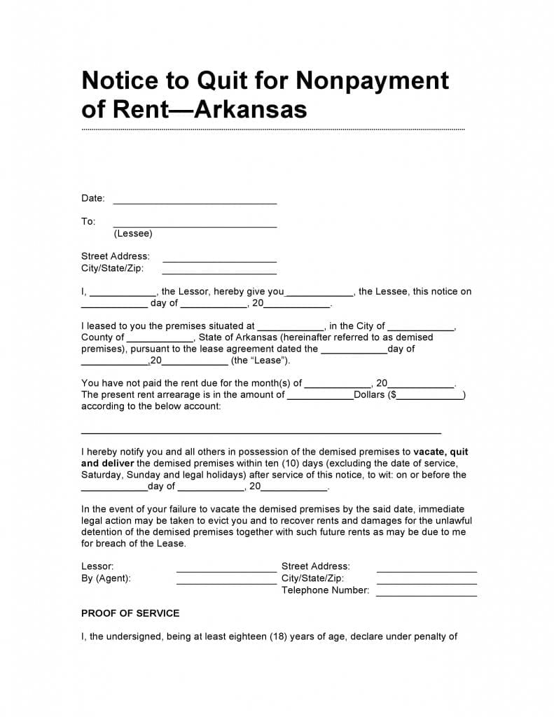 Arkansas 10 Day Notice to Quit for Non Payment of Rent