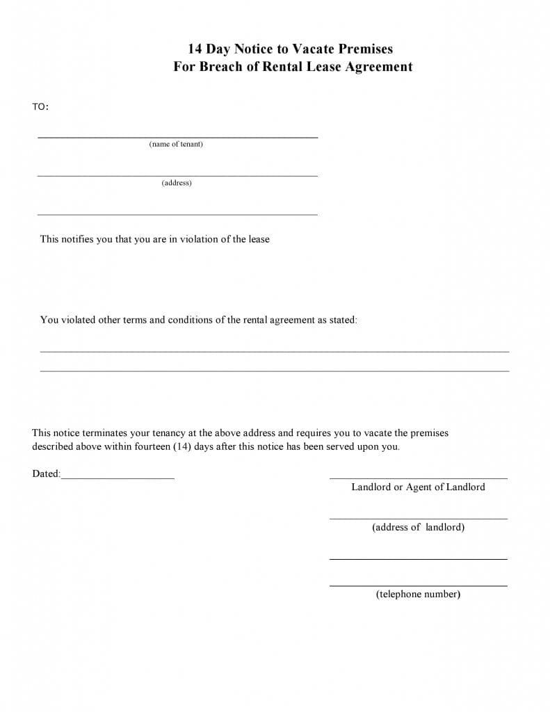 Blank 14 Day Eviction Notice Form for Breach of Agreement