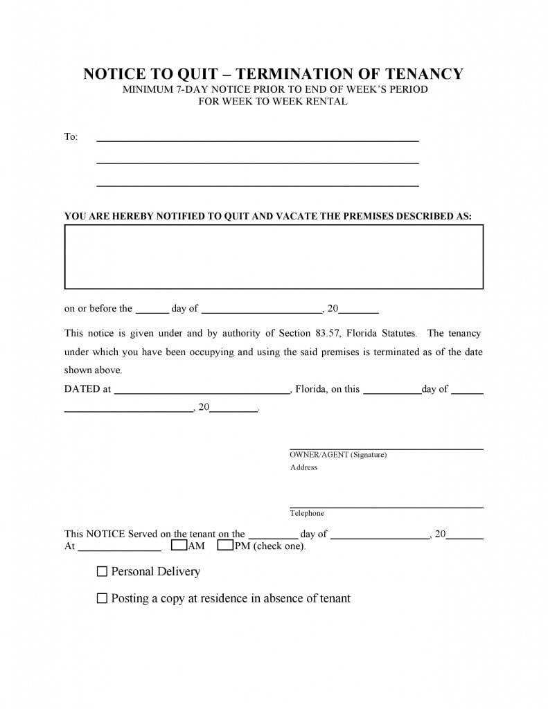 Florida 7 Day Notice To Quit - Termination Of Tenancy