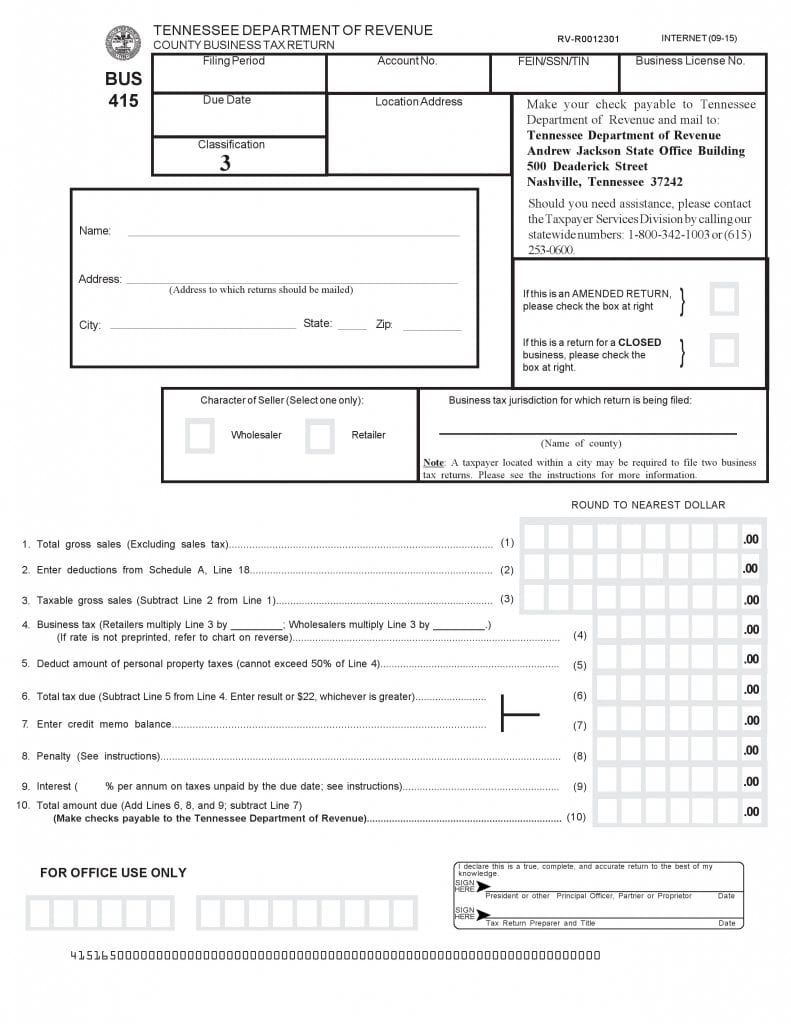 Tennessee Department of Revenue County Business Tax Return RV-R0012301