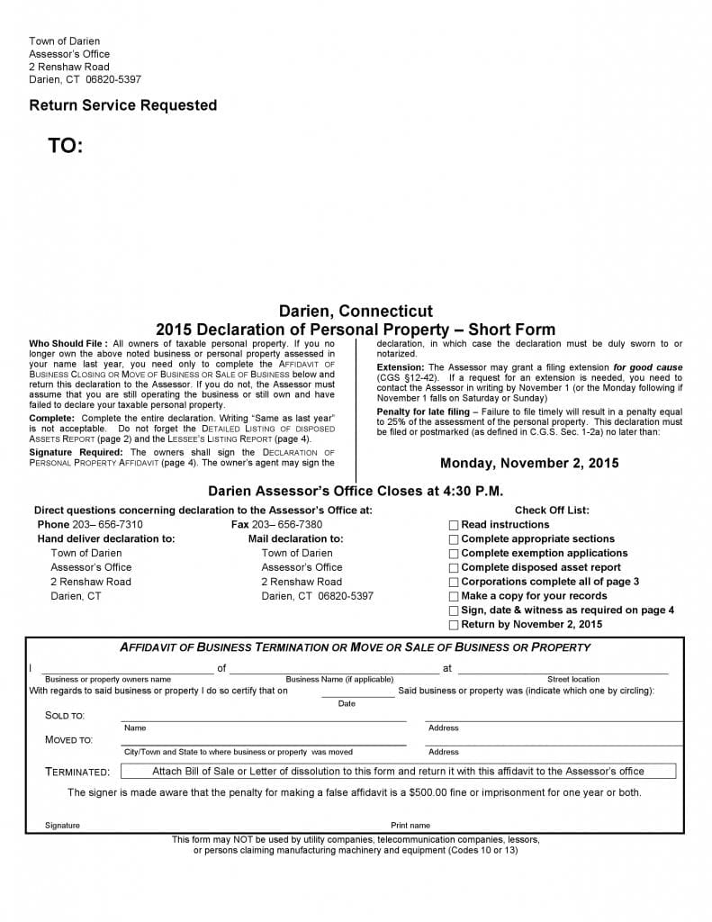 Darien, Connecticut 2015 Declaration of Personal Property – Short Form