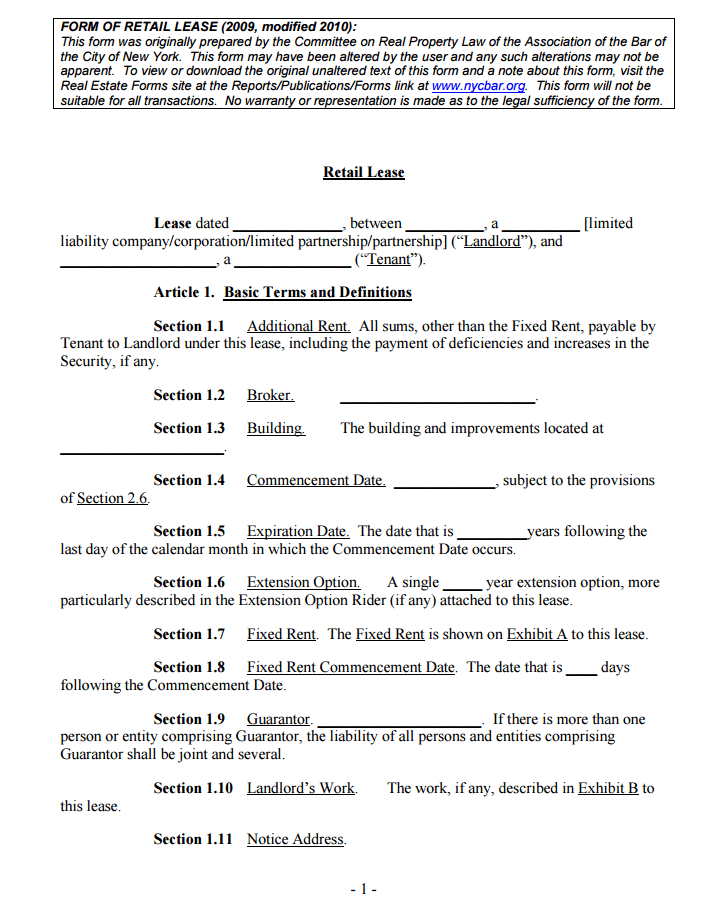 New York Retail Lease (NY Lease Form)